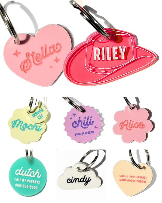 Personalized Pet ID Name Tag Charm – Custom Engraved Contact Information – Acrylic Collar Pendant w/Stainless Steel Ring for Harnesses – Lightweight for Dogs Cats (Flower, Purple)
