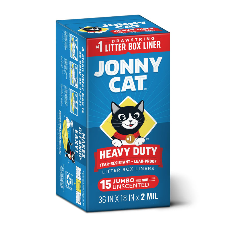 Jonny Cat Litter Box Liners: Heavy Duty - Tear & Leak Resistant - Drawstring Close - Jumbo, 15 Count
