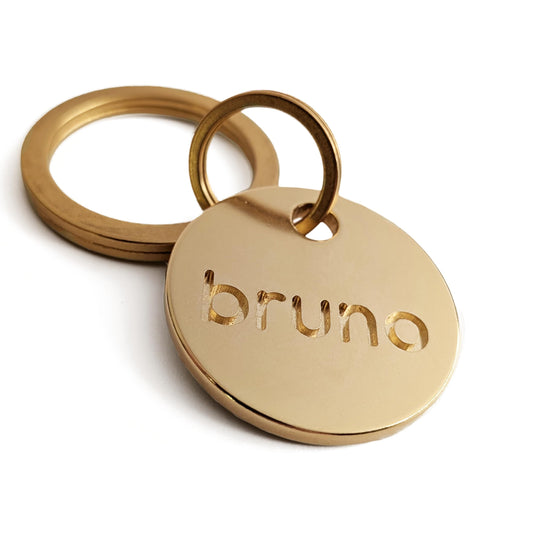 Solid Brass PET TAG - Modern, Minimal Pet IDs. Durable, Lifetime Tags with deep Cut Text. Includes Space for Two Phone Numbers. (Circle)