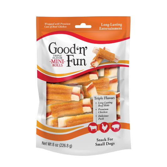 GOOD 'N' FUN Mini Rolls Long-Lasting Treat for Small Dogs, with Real Proteins, Beef Hide and Premium Chicken, Supports Dental Health, Mental Stimulation, 8 oz