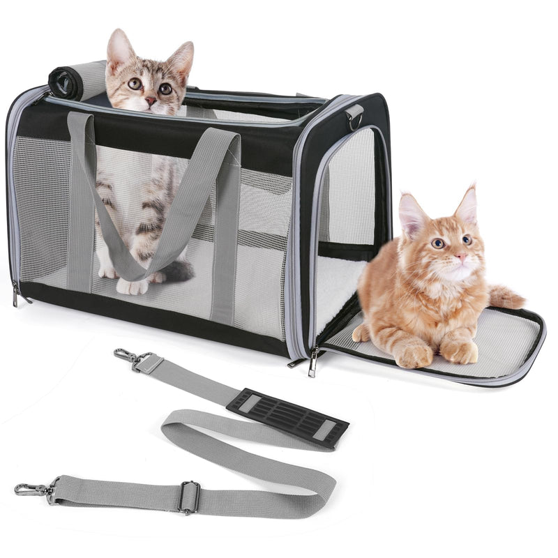 TIYOLAT Pet Carrier for Large Cats of 20 Lbs, Collapsible Carrier Bag for Big Cat or 2 Kittens,Soft Sided Puppy Carrier with Sturdy Travel Transport Strap, Adequate Ventilation, 4 Mesh Windows (Black)