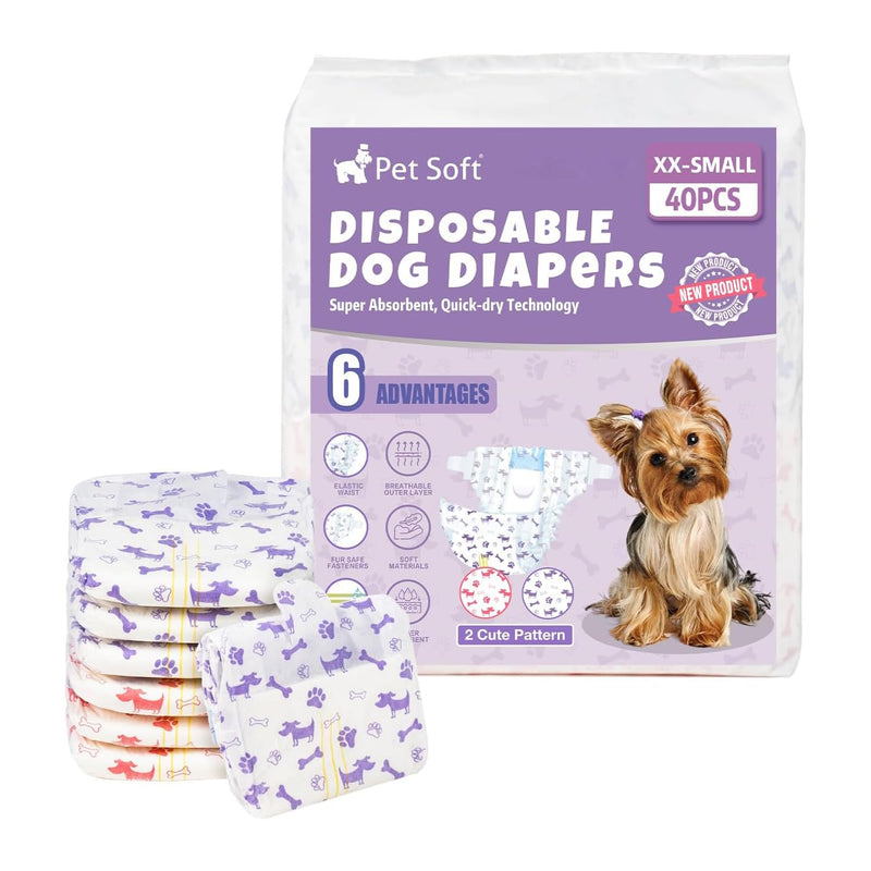 Pet Soft Female Dog Diapers - Disposable Doggie Diapers with Wetness Indicator, Puppy & Cat Diaper Super Absorbent, Fit for Female Dog in Heat or Incontinence, 40pcs (XXS, Mixed)