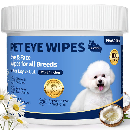 PHASORRA Hypoallergenic Eye Paw Face Wipes, Tear Stain Remover, Dog Eye Infection Treatment, Lick-Safe Soothing & Moisturizing & Gentle, Eye Debris, Discharge, Mucus - 100pcs