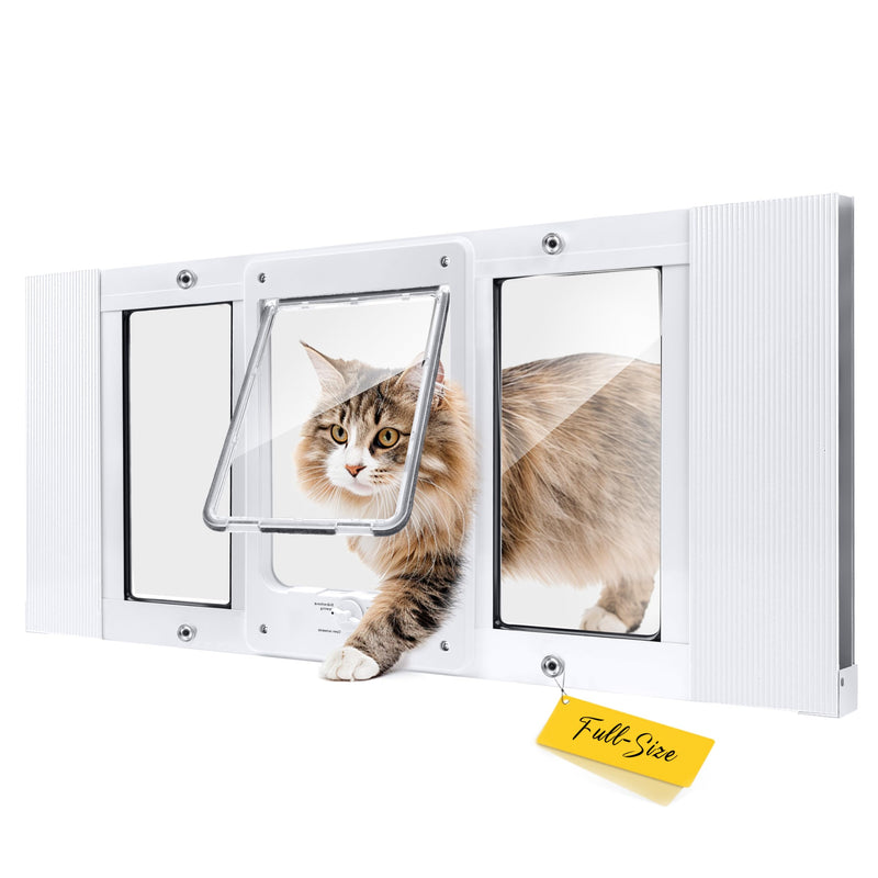 Full-Size Window Pet Door for Cats & Small Dogs, Width Adjustable Fits Sliding Windows, 10-Min Install, Aluminum Frame, HD High-Transparency Glass, Weatherproof Design, Magnetic Close