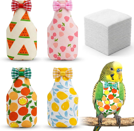 4 Pcs Bird Diaper Reusable with 100 Pads, Parrot Nappy Flight Suit Waterproof Inner, Adjustable Pet Bird Diapers for Coc