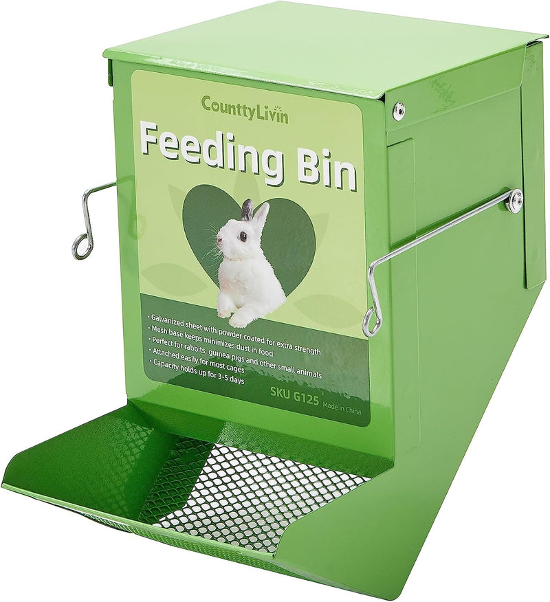 Metal Small Animal Feeder with Lid, Heavy Duty, Large Capacity Food Dispenser, Great for Rabbits, Guinea Pigs, Chinchill