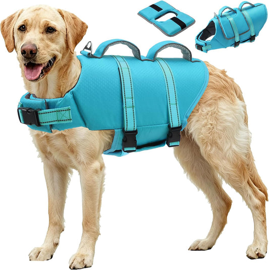 EMUST Dog Life Vest for Swimming, Reflective Large Dog Life Jacket with Two Rescue Handle, High Buoyancy Pet Floating Vest for Medium Large Dogs, Blue, XXL
