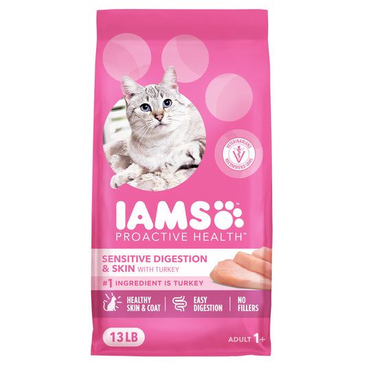 IAMS Proactive Health Sensitive Digestion & Skin Dry Cat Food, Adult Cat Food Dry Recipe with Real Turkey, 13 lb. Bag