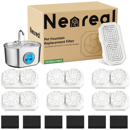Neareal Cat Water Fountain Replacement Filters & Pre-Filter Sponges Compatible with 74oz/2.2L Stainless Steel Pet Fountain (6 Filters & 6 Sponges)