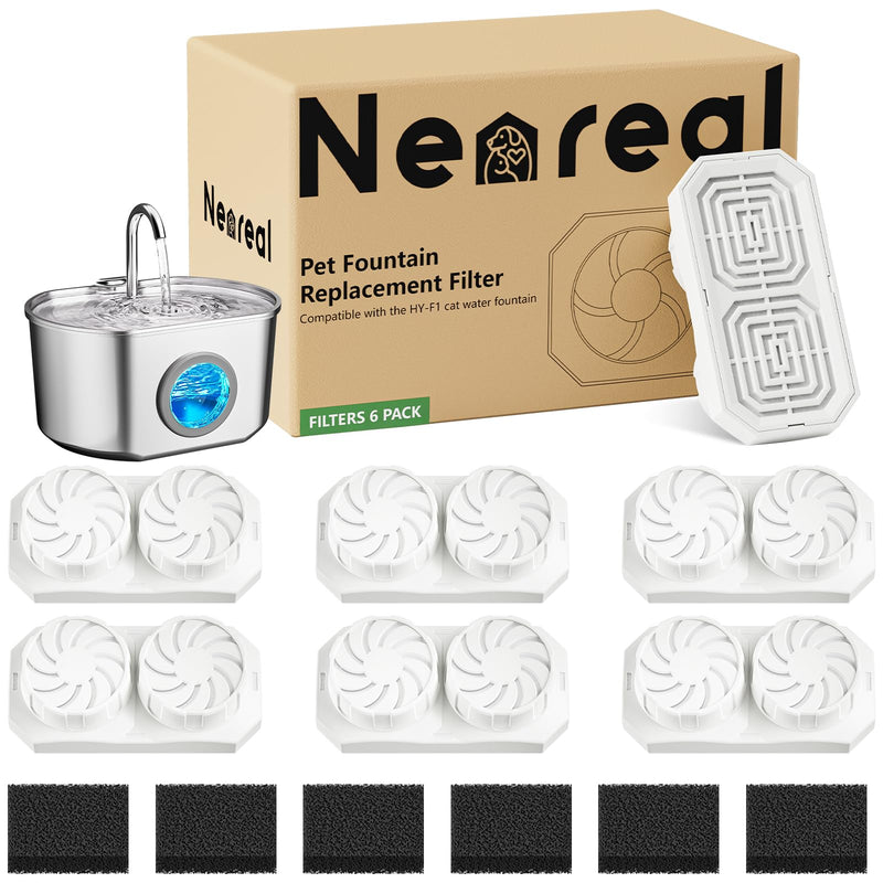 Neareal Cat Water Fountain Replacement Filters & Pre-Filter Sponges Compatible with 74oz/2.2L Stainless Steel Pet Fountain (6 Filters & 6 Sponges)