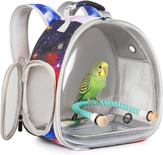 Small Bird Travel Carrier Backpack for Parakeet, Budgies, Cockatiel, Conure, with Clear Windows, Galaxy Print