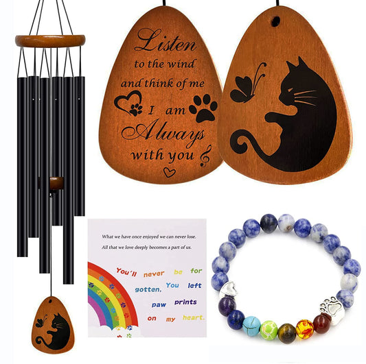Cat Memorial Wind Chimes & Bracelet, Sympathy Gifts for Cat Lovers, 28 inches