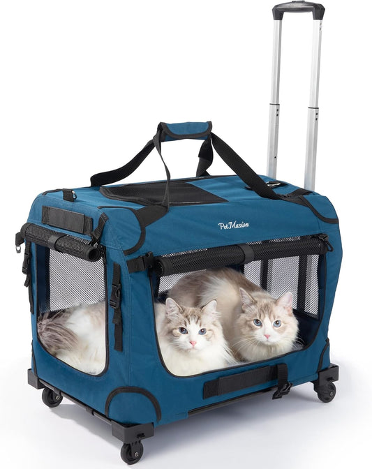 Extra Large Rolling Cat Carrier with Wheels, Soft Sided Pet Dog Carrier on Wheels for Big Cat 20lbs+ 2 Cats, Car Travel 