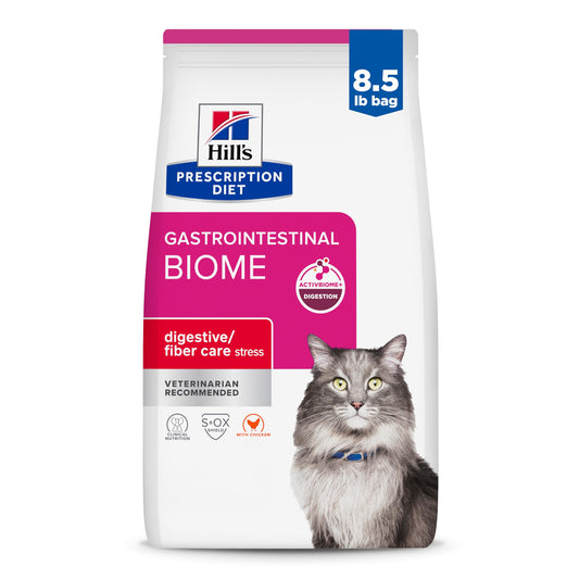Hill's Prescription Diet Gastrointestinal Biome Stress Digestive/Fiber Care Dry Cat Food, Chicken, 8.5 lb. Bag
