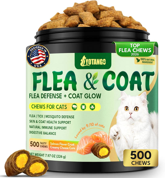 YOTANGO Cat Flea Treatment Crunchy & Creamy Chewables, 500 Chews Natural Flea and Tick Prevention for Cats + Skin and Coat Support, Daily Oral Supplement Chewables for Cats and Kittens (Salmon Flavor)