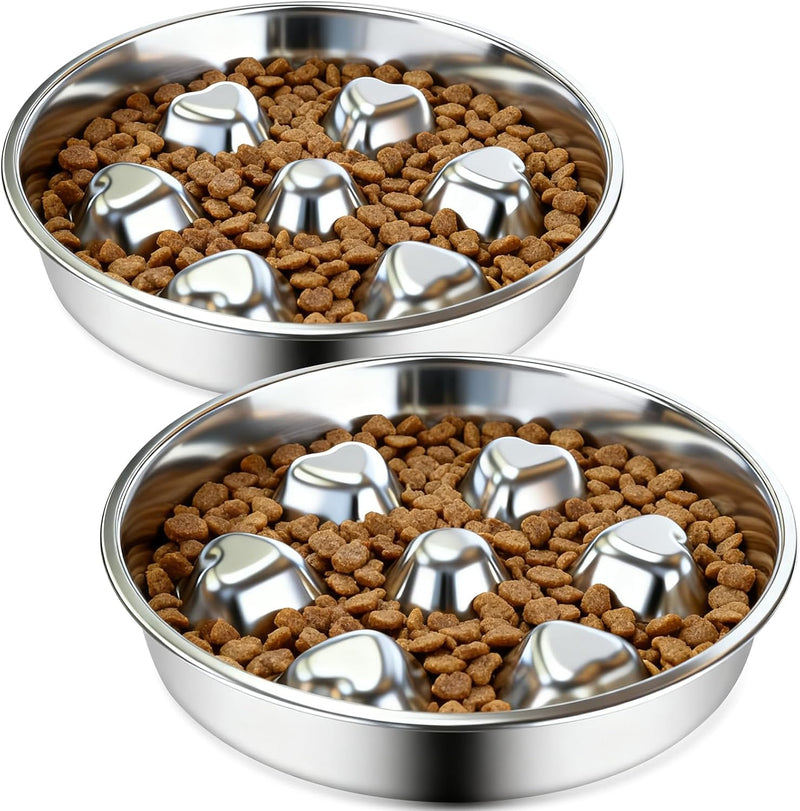 2 Pack Stainless Steel Slow Feeder Dog Bowls, Non-Slip Metal Pet Bowls for Fast Eaters, Anti-Gulping Bloat Prevention Do