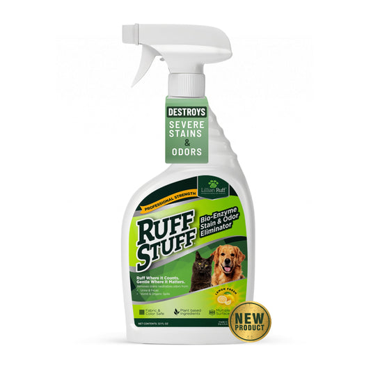 RUFF STUFF Max Strength BioEnzyme Stain Remover Spray & Pet Odor Eliminator: Fabric-Safe Dog & Cat Urine Destroyer & Enzyme Cleaner for Odor & Stain Causing Messes, Spills & Everyday Accidents, 32oz