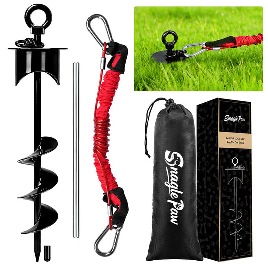 Snagle Paw Dog Tie Out Stake with Lock-Cap,Heavy Duty Dog Stakes for Outside/Yard/Camping with Shock Absorbing Bungee Tether,360°Swivel Rust Proof Ground Anchor for Dog Cable,Leash,Chain,up to 360 Lbs