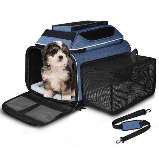 Petskd Top and Side Expandable Pet Carrier 18x11x11 Inches Delta United Airline Approved, Soft-Sided Carrier for Small Cats and Dogs with Locking Safety Zippers and Anti-Scratch Mesh(Blue)