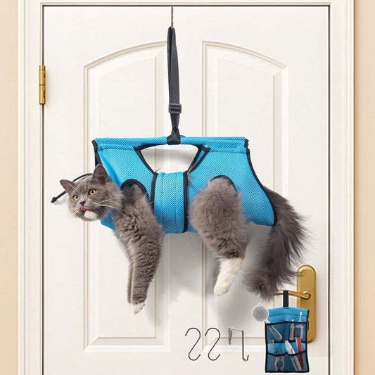Pet Grooming Hammock for 5-11 lbs Pets, Door-Hook Hanging with Adjustable Height & Full Straps, Machine Washable with 1 