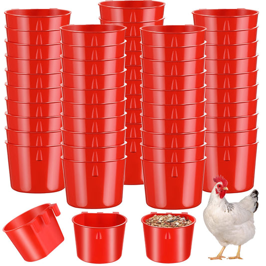 Sumind 60 Pcs Cage Cups Chicken Feeder Birds Hanging Feeders Seed Bowl 8 oz Plastic Water Bowl Hanging Chicken Gamefowl Waterer Feeding Watering Dish Coop Cups for Parrot Parakeet Poultry(Red)
