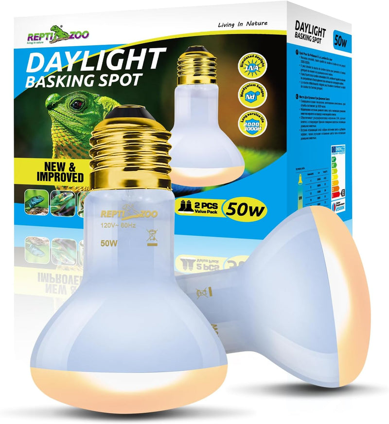 REPTI ZOO Reptile Heat Lamp, 2 Pack 50W Daylight Basking Spot Lamp for Reptiles UVA Daylight Heating Lamp Bulb Basking L