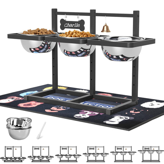 SHAINFUN Elevated Dog Bowls Stand for Medium/Large Dogs with Mat, 6 Height Adjustable Raised Dog Bowl, Three 58oz Food Water Bowls