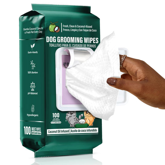 ATIFBOP Dog Wipes for Paws and Butt, Hypoallergenic Pet Grooming Wipes, 100 Wipes for Cleaning & Grooming Moisturizing Coconut, Aluminum Moisture-Lock Seal
