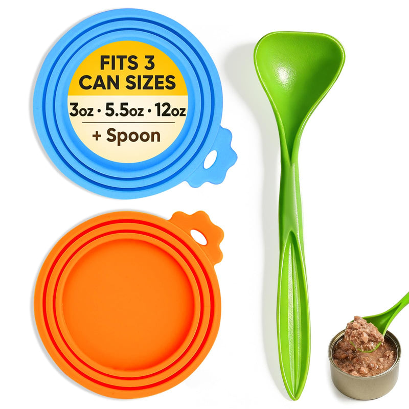 Lydia’s Deal Pet Food Can Covers 2-Pack, Thick Silicone Universal Can Lids for Dog & Cat Food, Fits 3oz/5.5oz/12oz, Airtight Seal, Durable & Dishwasher Safe, Easy Grip with Spoon (Blue & Orange)