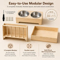 3 in 1 Rabbit Hay Feeder with Litter Box and 2 Bowls, Solid Wood Bunny Feeder Station with Adjustable Metal Hay Rack, Wa
