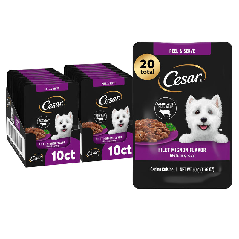 Cesar Filets in Gravy Wet Dog Food, Filet Mignon Flavor, Wet Food for Dogs, 1.76 oz. Mini-Pouches, 20 Count