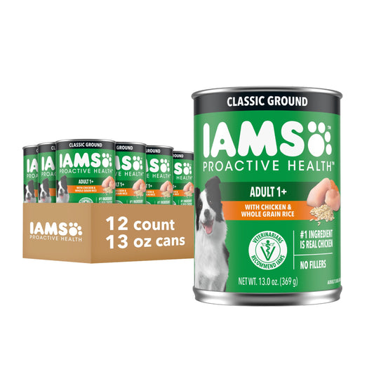 IAMS Proactive Health Wet Dog Food, Adult Wet Dog Food Multipack Ground Dinner, with Chicken & Rice, 13 oz. Cans (Pack of 12)