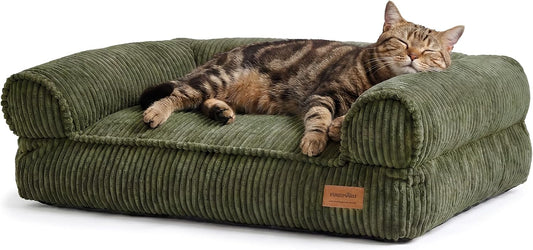 FUKUMARU Dog Couch Bed, Corduroy Cozy Cat Bed for Indoor Cats with Washable Cover, 28in Waterproof Orthopedic Dog Beds Sofa for Small Dogs and Large Cats, Cute Warm Cotton Pet Sofa, Green