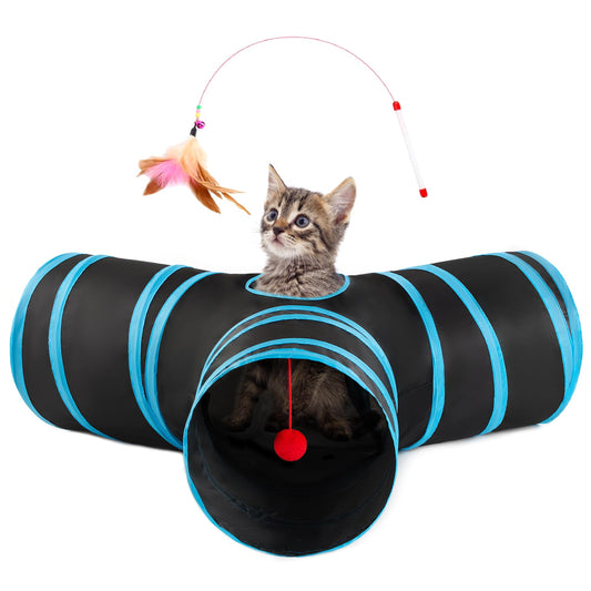 Love’s Cabin Cat Tunnel for Indoor Cats, 3-Way Collapsible Play Tunnel with Teaser Wand, Peek Holes & Toy Ball, Small Pet Toy for Kittens & Rabbits, Black & Blue, Small Size