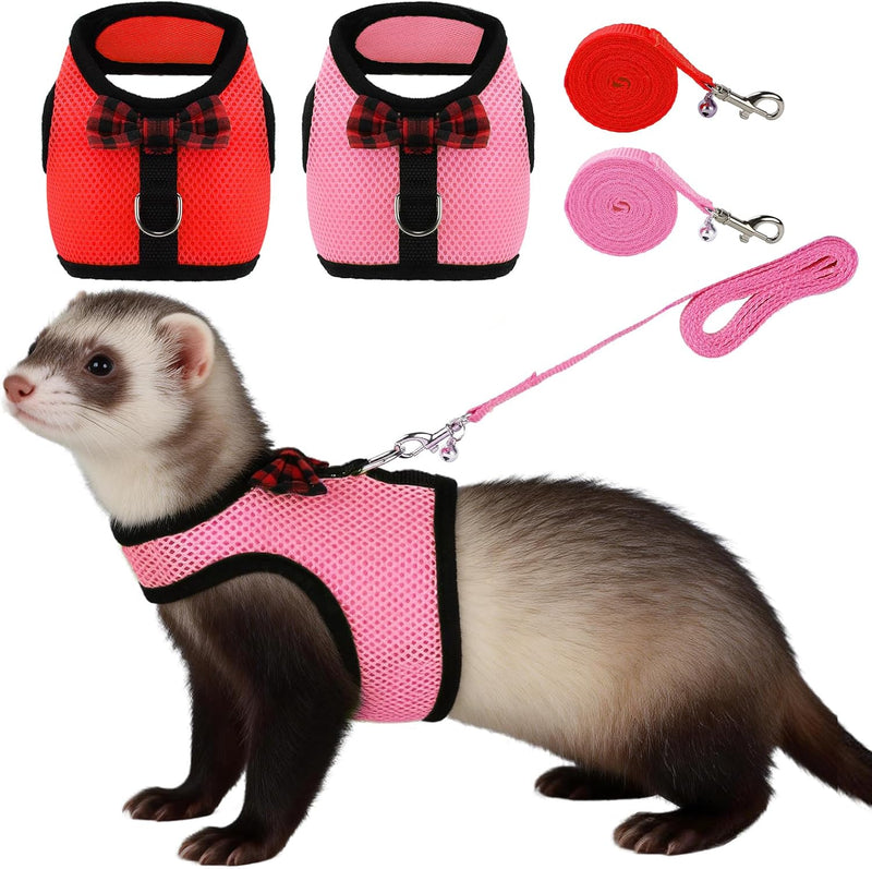2pcs Animal Harness and Leash, Ferret Harness No Pull Soft Mesh Red Pink,S