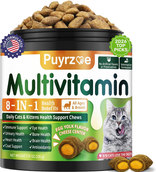 Taurine for Cats Multivitamin Chews, 500 Crunchy Cat Vitamins + Taurine Supplement for Cats with 11 Essential Vitamins, 8-in-1 Support - Immune, Urinary, Heart, Skin & Coat, Eyes, Brain, Bone for Cat