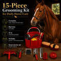 Horse Grooming Kit, 15-Piece Horse Brush Set with Red Tote Bag, Long Shedding Blade, Hoof Pick, Curry Comb, Sweat Scrape