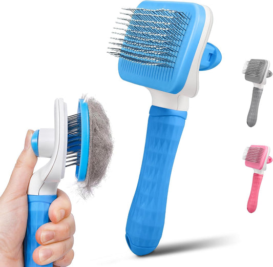 PWOD Dog & Cat Brush, Self Cleaning Slicker Brush for Pets, Upgraded Dog Brush for Shedding Massaging and Grooming, Removes Loose Undercoat & Portable Comb for Long Short Haired Dogs(Blue)