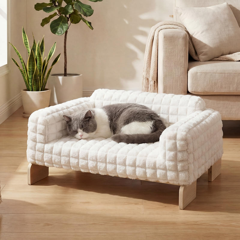 Veehoo Elevated Cat Bed Indoor, Wood Furniture Style Cat Couch Sofa with Removable Washable Cover, Cute & Fluffy Small Cats Bed Furniture for Home