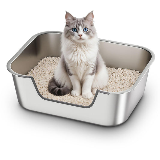 Qiuma Stainless Steel Cat Litter Box with Low Entry, Metal Kitty Litter Box for Senior or Injured Cats, Odor-Free, Non-Stick, Easy to Clean, 17.5"x13.6"x5.9", Litter Pan for Medium and Small Cats