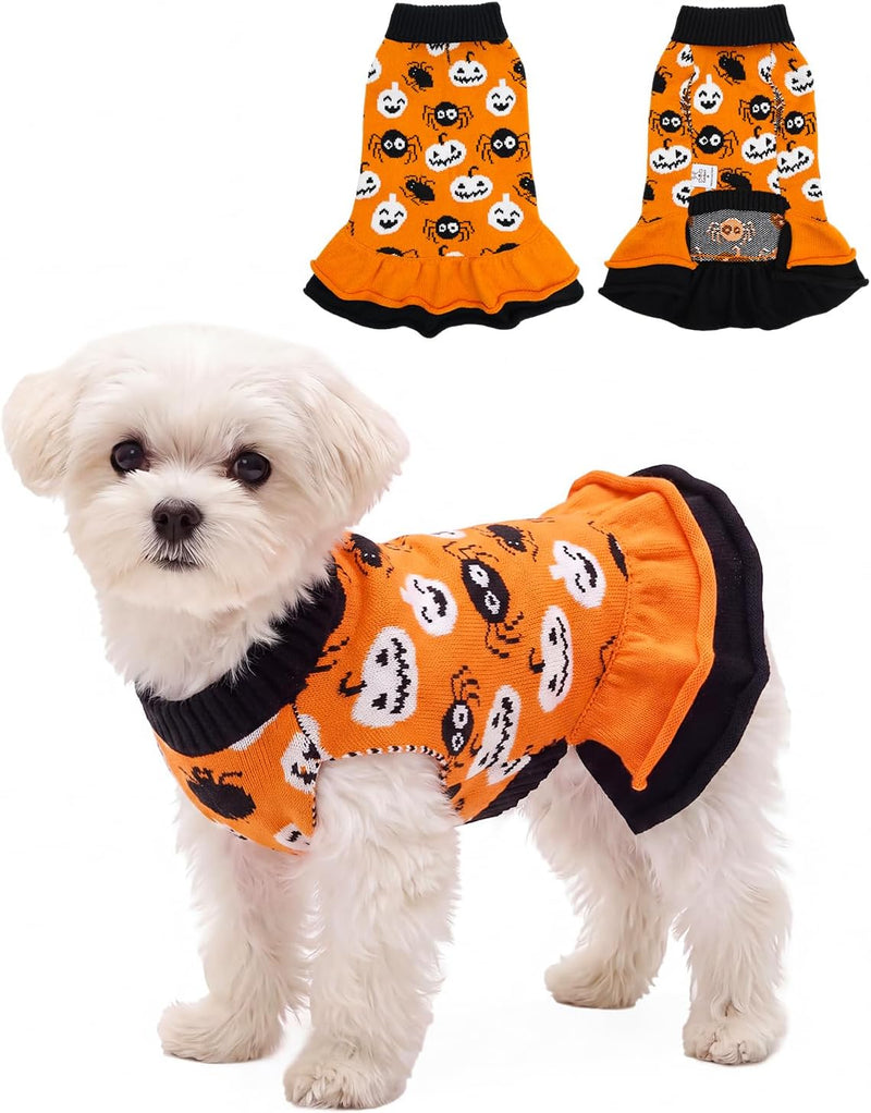 CuteBone Halloween Ruffle Dog Sweater Dress for Medium Dogs(Spider&Pumpkin)
