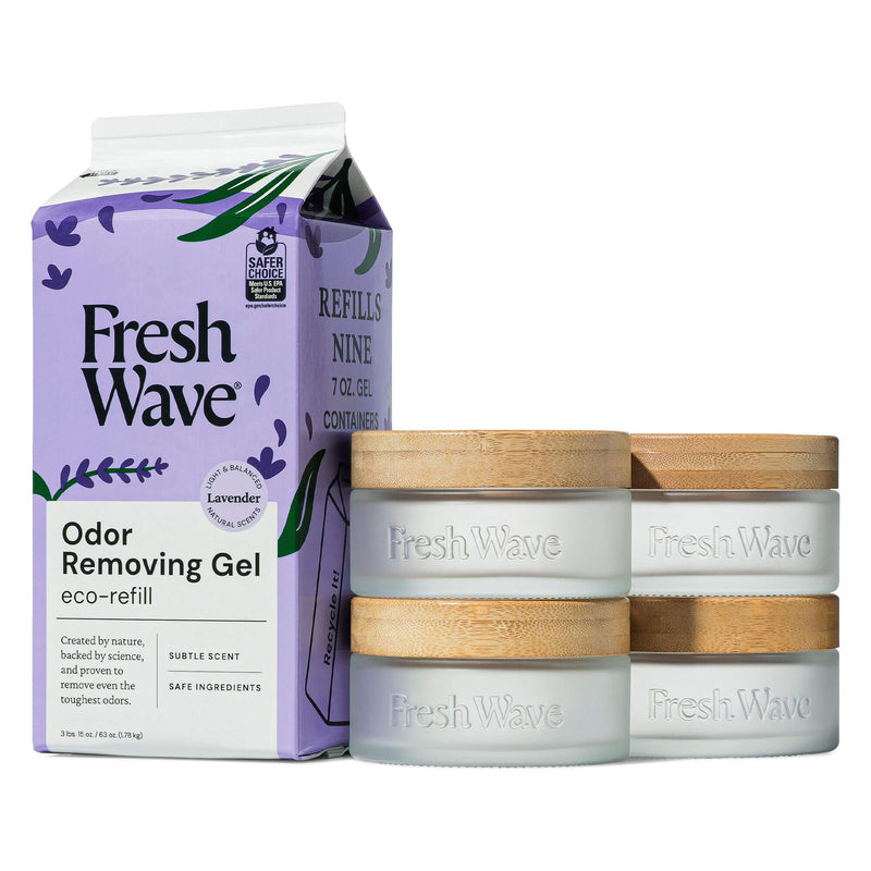 Fresh Wave Odor Removing Gel Eco-Refill, 63 oz. Lavender Scent | 4 Empty Refillable Glass Jars | 4 Room Set