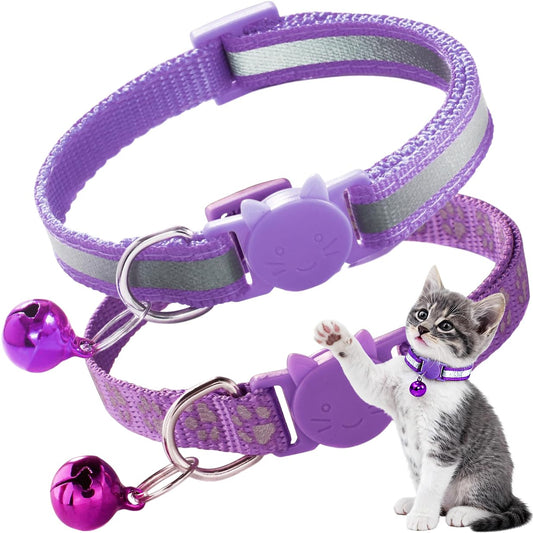 2 Pack Cat Collar with Bells, Breakaway Reflective Kitten Collars with Safety Buckle Adjustable for Girl and Boy Pets, Purple