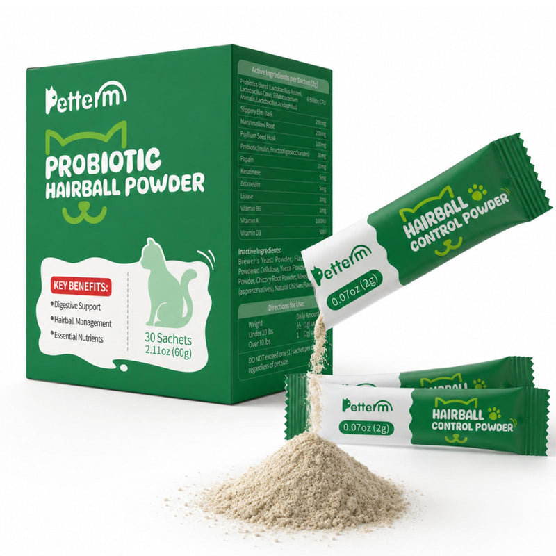 PETTERM Cat Hairball Remedy Powder & Food Topper - Petroleum-Free Digestion Support with 6B Probiotics & Slippery Elm - Mess-Free Paste Alternative for Indoor Cats, 30 Sachets