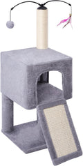 Roypet 32" Cat Tree for Indoor Cats, 2-in-1 Cat House with Sisal Scratching Post & Ramp, 2-Level Cat Tower with Rotatable Feather & Ball Toys, Stable Grey Cat Condo for Small/Medium Cats, Grey