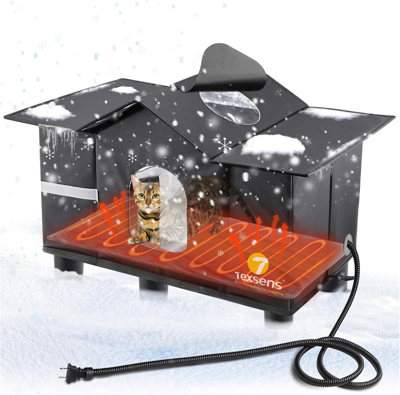 Texsens Heated Cat House for Outside - Weatherproof Large Outdoor Cat Shelter with Roof Window & Cozy Cushion - Ideal fo