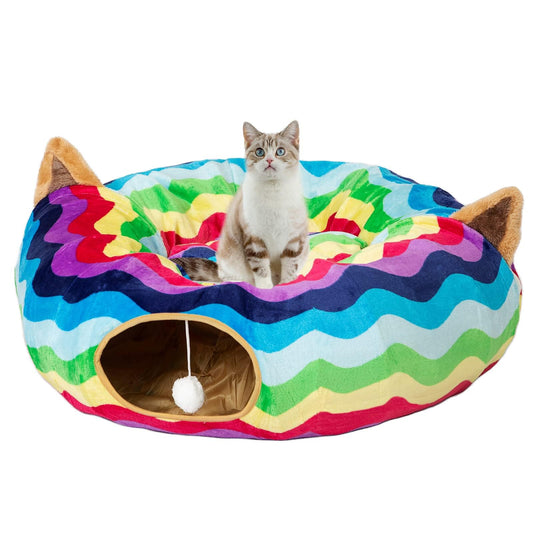 LUCKITTY Large Cat Tunnel Bed Under Christmas Tree with Fluffy Toy Balls, Small Cushion and Flexible Design- 10 inch Diameter, 3 ft Length- Great for Cats, and Small Dogs, Rainbow Wave Color