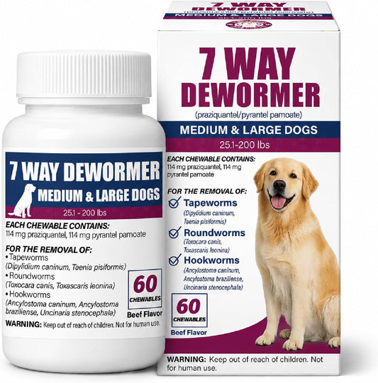 7-Way Dewormer for Dogs, Oral Wormer for Roundworms, Tapeworms & Hookworms, Medium & Large Dogs 25.1–200 lbs, 60 Beef Fl