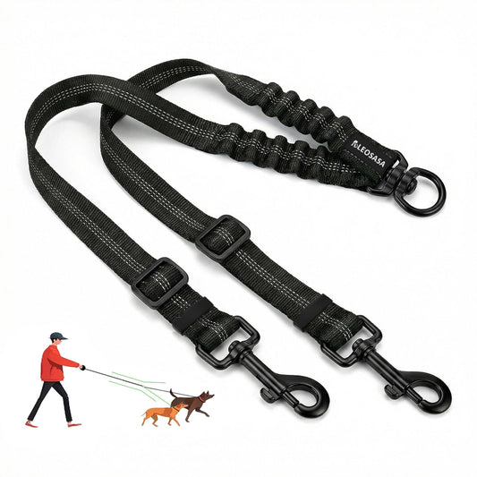 LEOSASA Double Dog Leash for 2 Dogs - No Tangle 360°Swivel Splitter with Reflective Stitching, Adjustable Length and Stretchy Shock-Absorbing Comfort, for Small/Medium Dogs Walking Training (S(2.0cm)