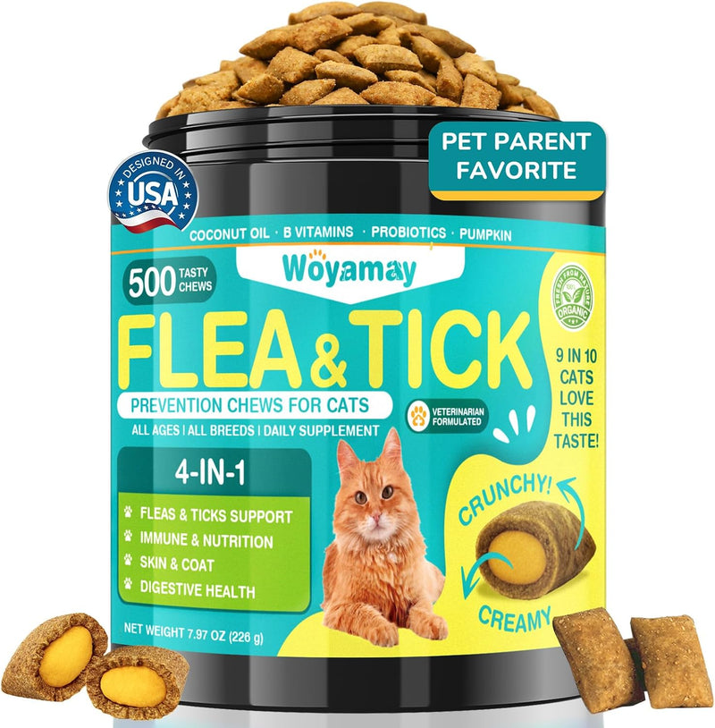 Woyamay 4-IN-1 Flea and Tick Prevention for Cats, 500 Crunchy & Creamy Chews, Cat Flea Treatment, Natural Oral Flea Treatment for Cats, Daily Support for Flea, Immune, Skin & Coat, Gut, Chicken Flavor
